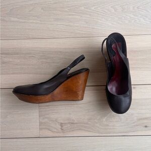 Chloe Dark Leather Wedges with Wooden Heel